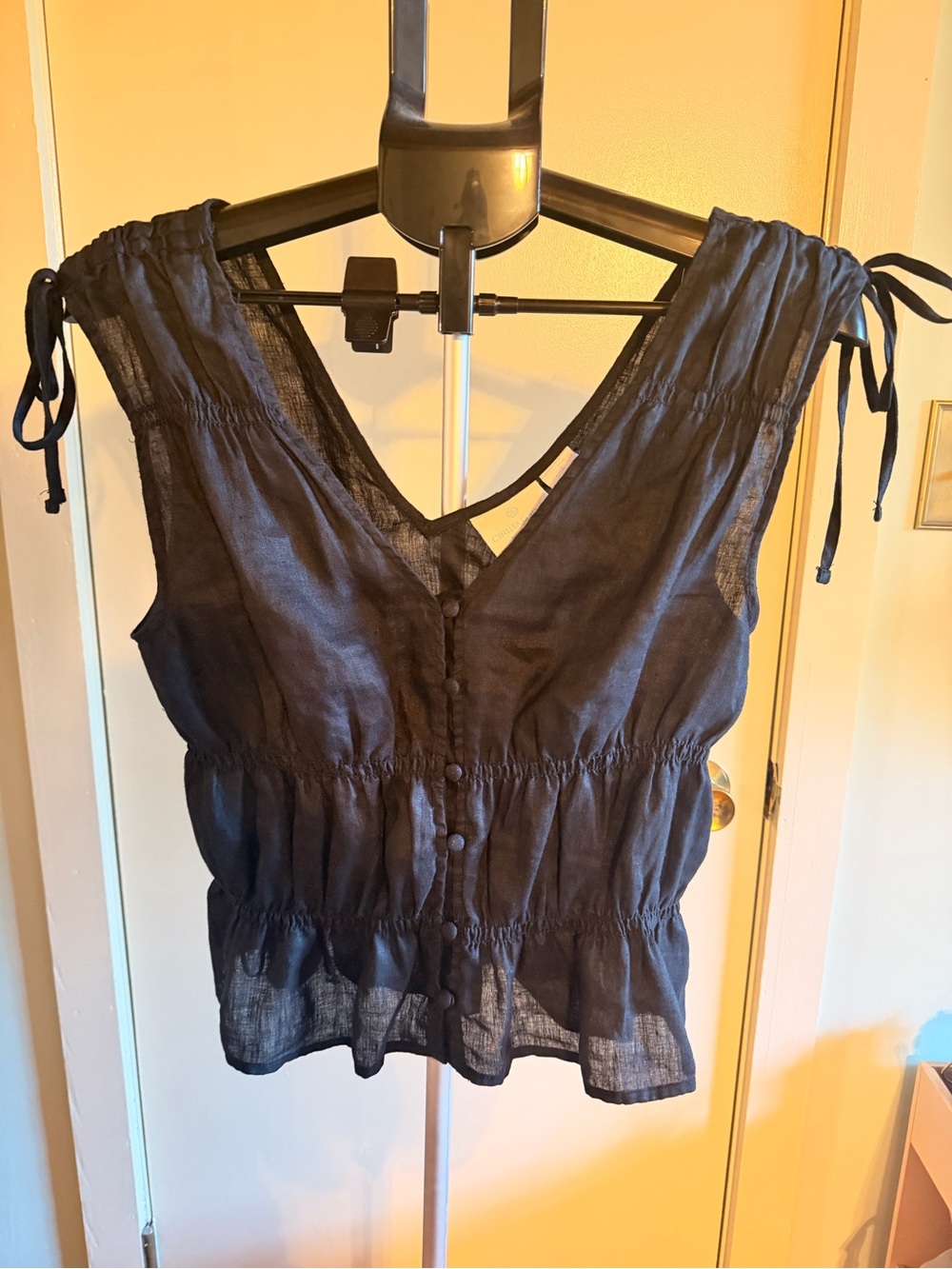 Cynthia Rowley Sheer Black V-Neck Tie-Shoulder Button Front Top